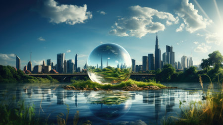 Glass ball on the lake and modern city skyline.の素材