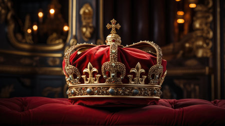 Luxury queen in a crown on a red velvet sofa.の素材