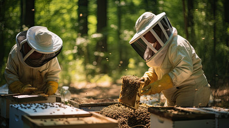 Two beekeepers working with honeycomb frame in apiary on springtimeの素材