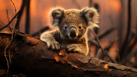 Koala bear on eucalyptus tree branch in evening lightの素材