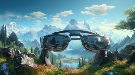 a scuba diving mask on a background of mountainsの素材