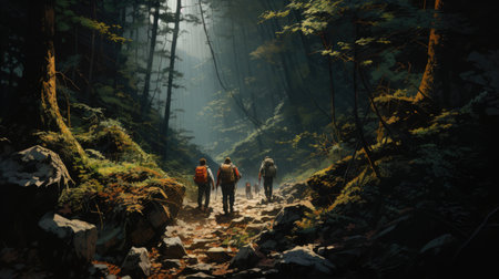 Hikers walking on the path in the forest.の素材