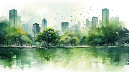 Abstract watercolor painting of city landscape with green trees and skyscrapersの素材