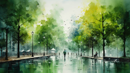 Watercolor man walking in a city park.の素材