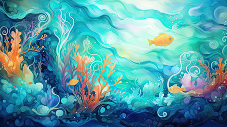 Underwater background with corals, algae and fish.の素材