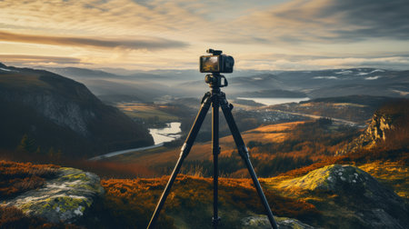 Digital camera on tripod in mountains at sunset.の素材