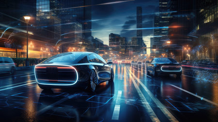 Modern car on the road in city at night.の素材