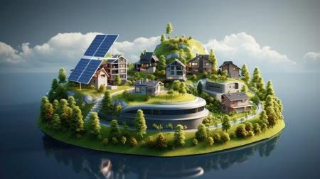 House with solar panels on the island.の素材