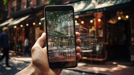 Hand holding mobile smart phone with a city on the screen, blurred backgroundの素材