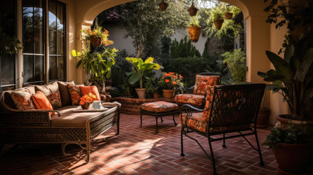 Interior of a garden with furniture and plants in a sunny dayの素材