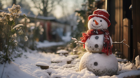 Snowman in red hat and scarf on the background of a wooden houseの素材