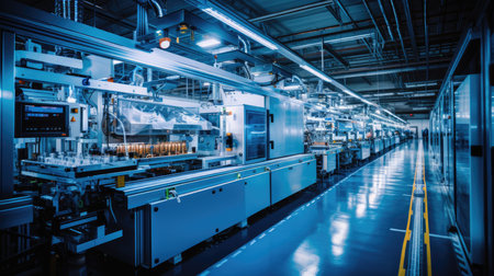 Modern automated production line in factory. Plastic bag manufacturing process. Industrial backgroundの素材
