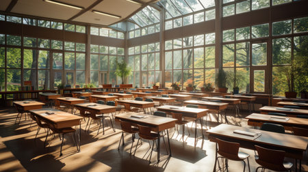 Classroom interior with large windows and rows of empty desks.の素材