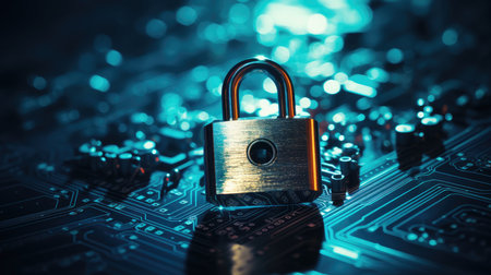 Padlock on computer circuit board background. Cyber security and data protection concept.の素材