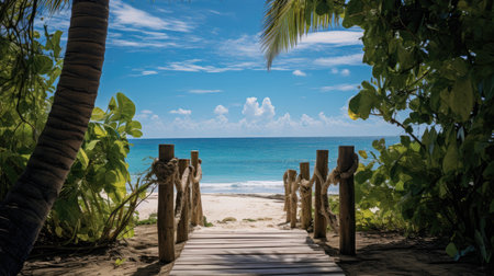 Wooden bridge on the tropical beach with palm trees and blue skyの素材