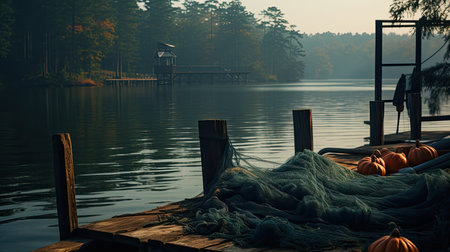 Fishing nets on a pier on a lake in the morning.の素材