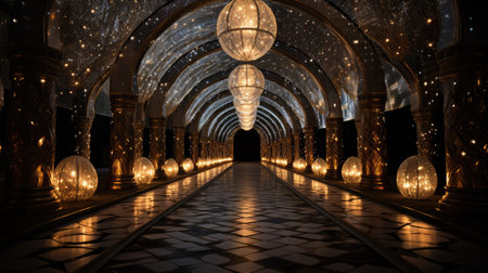 arabic corridor with lanterns in nightの素材