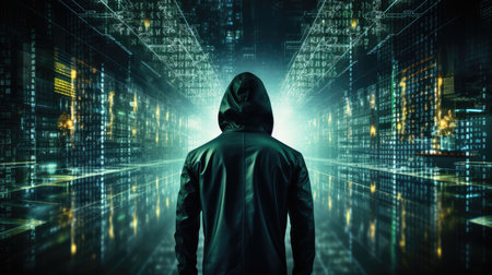 Hacker in hoodie against binary code background. Data security conceptの素材