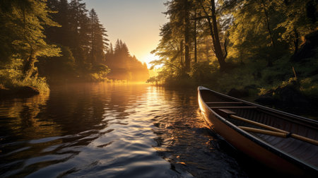 Wooden canoe on the shore of a lake at sunrise in summerの素材