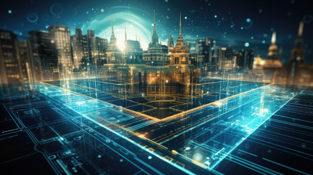 Abstract city background with binary code.の素材