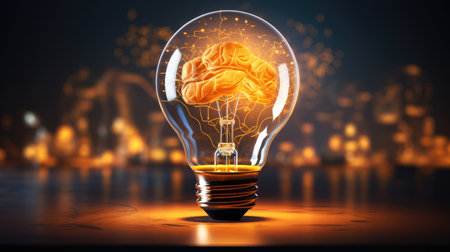 Human brain inside light bulb on dark background. Idea concept.の素材