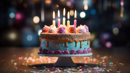 Birthday cake with burning candles and colorful sprinkles on blurred background