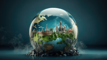 Concept of travel around the world. Earth globe with famous landmarksの素材