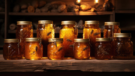 Honey in a glass jar on a wooden shelf in a bakeryの素材