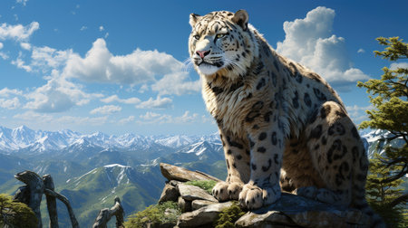 Snow leopard sitting on a rock in the background of snowy mountainsの素材