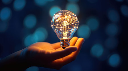 Glowing light bulb in hand on bokeh background, idea conceptの素材