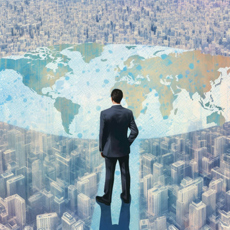 Rear view of a businessman standing in front of a world mapの素材