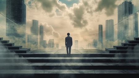 Rear view of businessman standing on stairs against cloudy sky over cityの素材