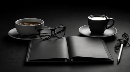 Coffee cup, notebook and key on black background. Business conceptの素材