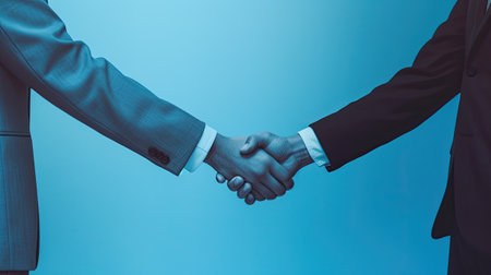 Businessmen shaking hands on blue background, close-up. Partnership conceptの素材
