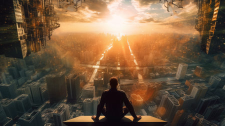 Businessman sitting on top of skyscraper and looking at the cityの素材