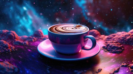 Cup of coffee latte art on a dark background.の素材