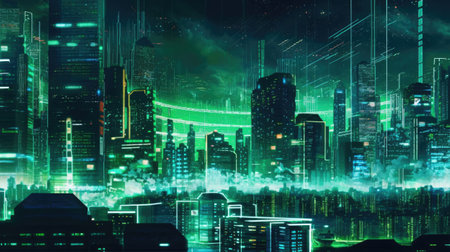 Abstract night city with lights and neon lines.の素材