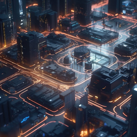 Futuristic city at night with neon lights.の素材