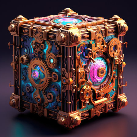 an old box with gears on a dark backgroundの素材