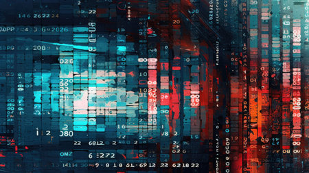 data processing against blue and red background with binary codeの素材