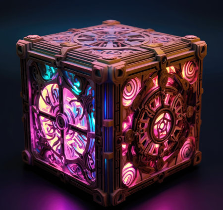 a cube with neon lights inside on a dark backgroundの素材