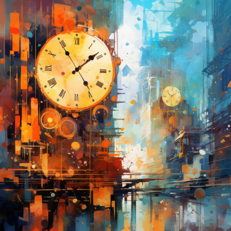 Abstract watercolor background with a clock on the streetの素材