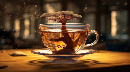 Cup of tea on a wooden table in a cafe in the rainの素材