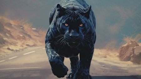 Black panther running on the road.の素材
