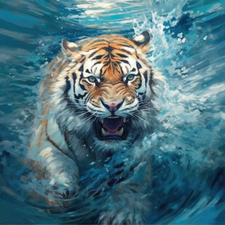 a tiger in water, digital painting of a wild animalの素材