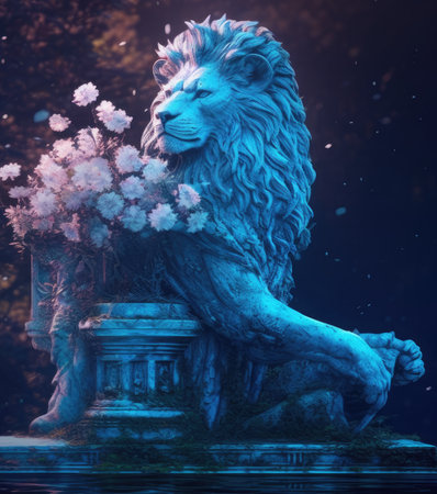 Lion statue with flowers on dark background.の素材