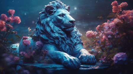 Lion statue in the rain with flowers on the background, vintage styleの素材