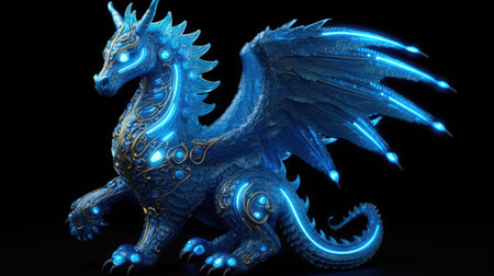 a blue fantasy dragon isolated on black background.の素材