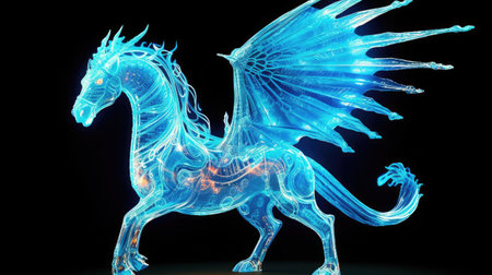 a fantasy horse with wings isolated on black backgroundの素材