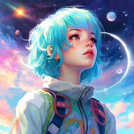 a beautiful girl with blue hair in space.の素材